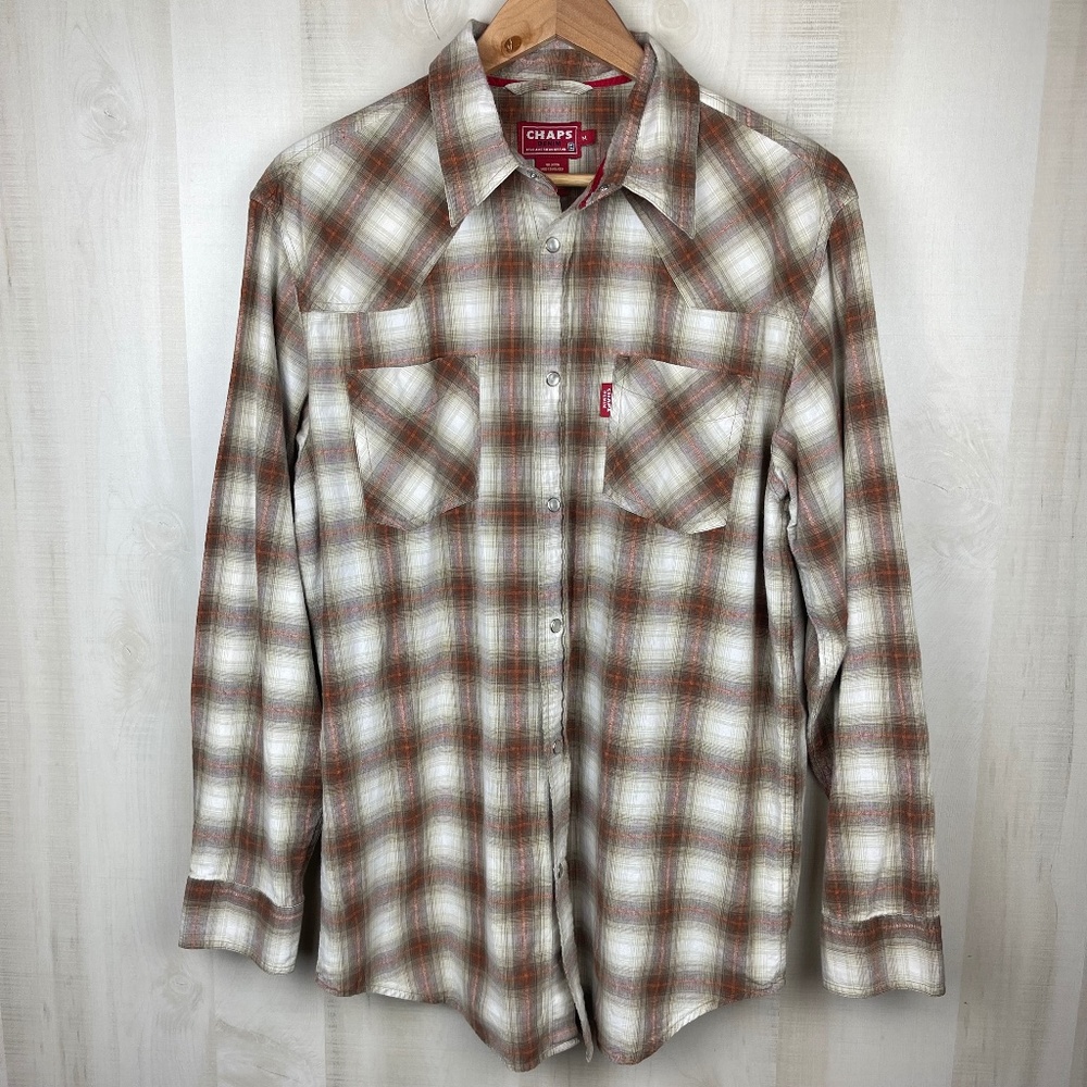 Chaps Denim Men’s Long Sleeve Western Shirt Tan Rust Plaid Pearl Snaps Sz Medium